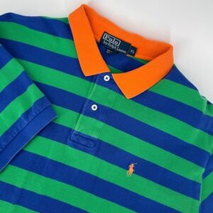 Polo Ralph Lauren Mens XL Striped Polo Shirt Blue Green Orange Collar Cotton